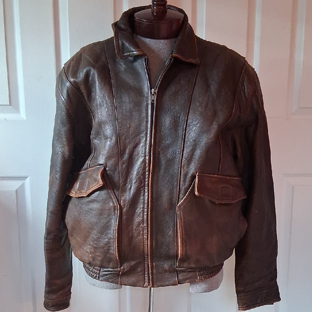 Vintage Philipe Monet Distressed Leather Bomber Jacket
